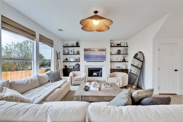 living room featuring ceiling fan