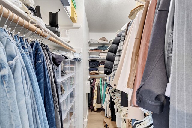 walk in closet with light hardwood / wood-style flooring