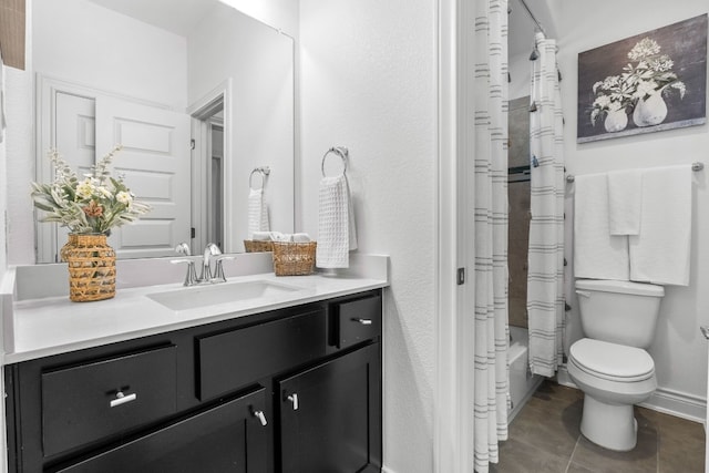 full bathroom with tile patterned flooring, vanity, toilet, and shower / bath combo with shower curtain