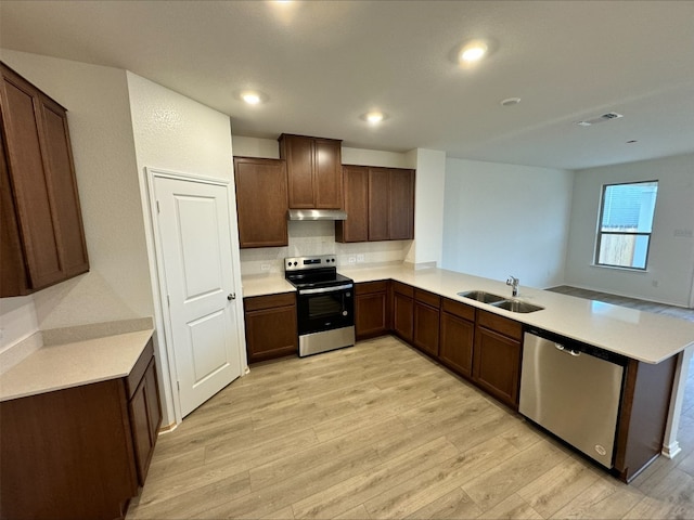 kitchen with appliances with stainless steel finishes, sink, light hardwood / wood-style floors, and kitchen peninsula