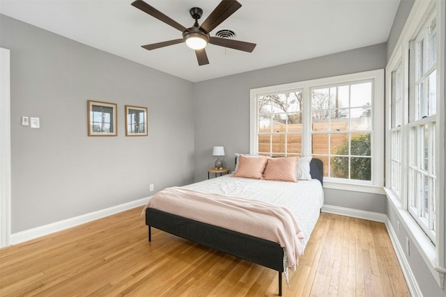 bedroom featuring light wood-type flooring and ceiling fan