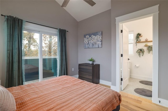 bedroom with ceiling fan, light wood-type flooring, access to outside, and vaulted ceiling