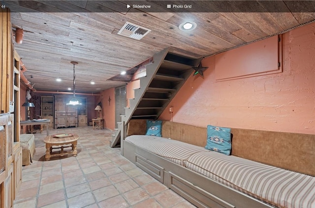 basement featuring wood ceiling