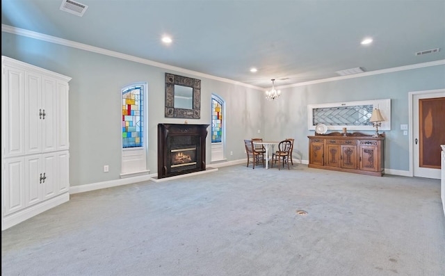 unfurnished living room with light carpet, crown molding, and a notable chandelier