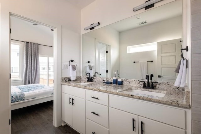 bathroom with a wealth of natural light, vanity, and wood-type flooring