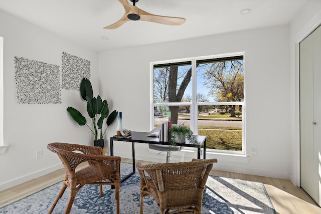 home office with ceiling fan and light hardwood / wood-style flooring