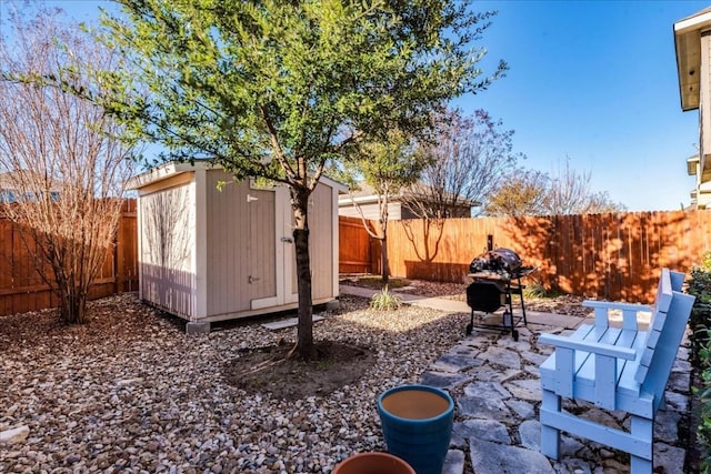 view of yard featuring a storage unit