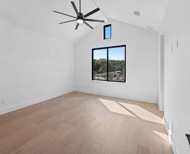 empty room featuring vaulted ceiling with beams, ceiling fan, and light hardwood / wood-style floors