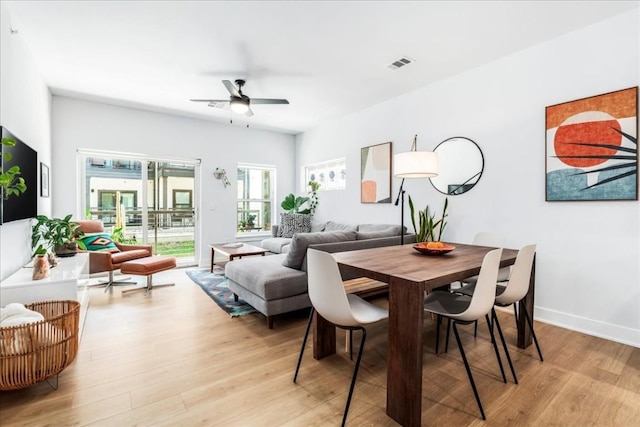 dining area with ceiling fan and light hardwood / wood-style flooring