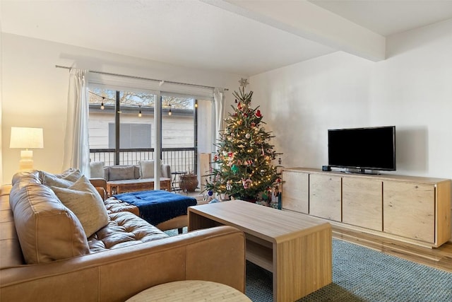 living room featuring beamed ceiling and wood finished floors