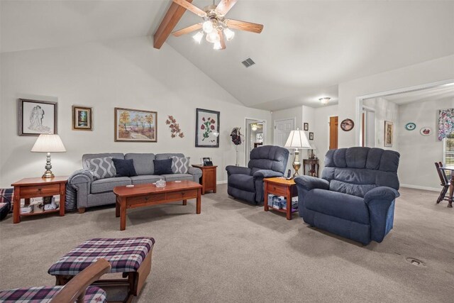 living room featuring beam ceiling, light colored carpet, high vaulted ceiling, and ceiling fan