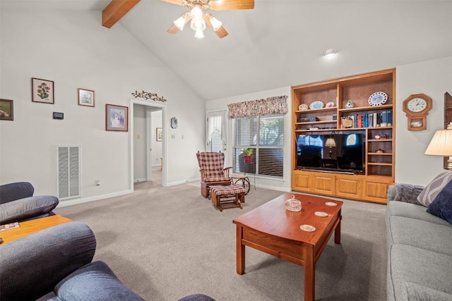 carpeted living room featuring ceiling fan, beamed ceiling, and high vaulted ceiling