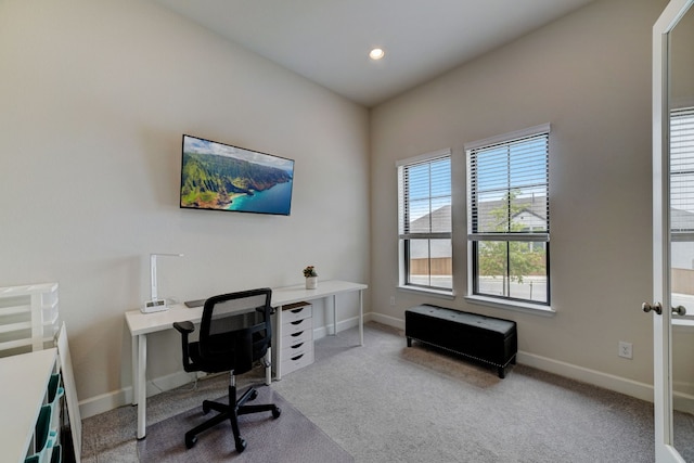 carpeted office featuring recessed lighting and baseboards