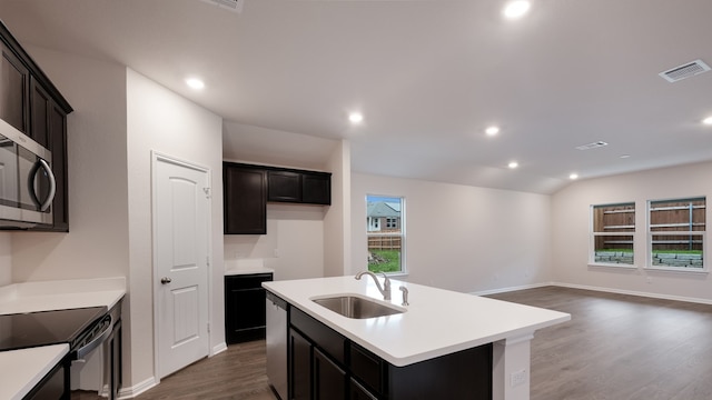 kitchen featuring sink, stainless steel appliances, dark wood-type flooring, and an island with sink