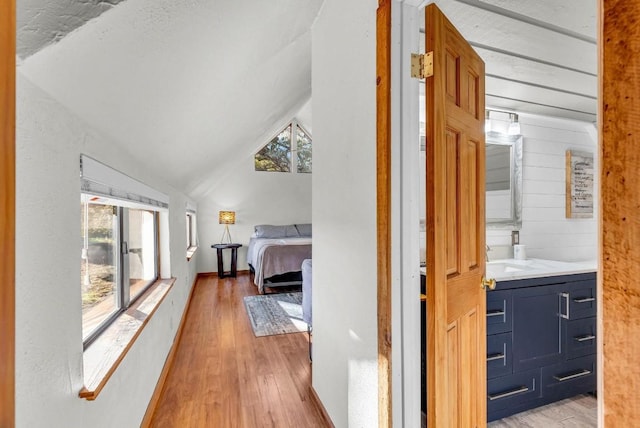 318 Coventry Rd, Spicewood, TX 78669 - bedroom featuring light wood-style floors, lofted ceiling, a sink, and ensuite bath