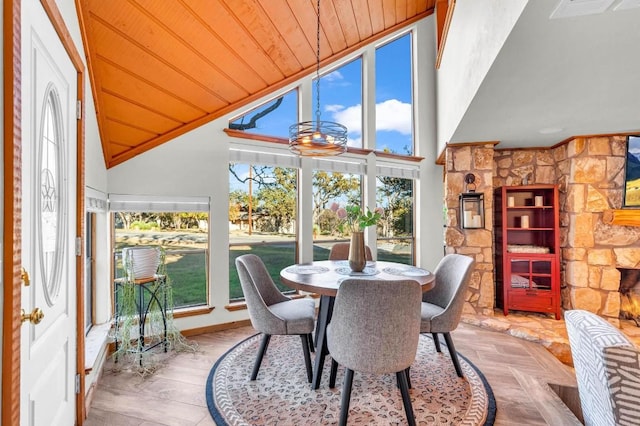 sunroom / solarium featuring lofted ceiling and wood ceiling