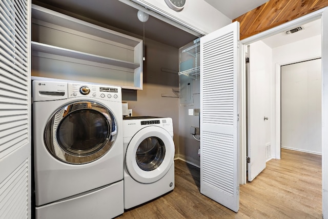 laundry area featuring washer and dryer and light hardwood / wood-style floors