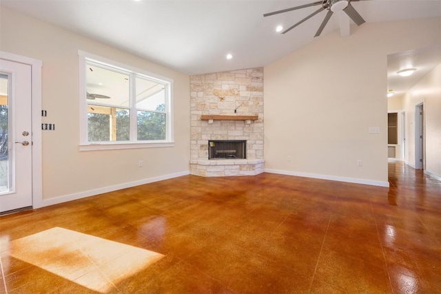 unfurnished living room featuring vaulted ceiling with beams, ceiling fan, and a fireplace