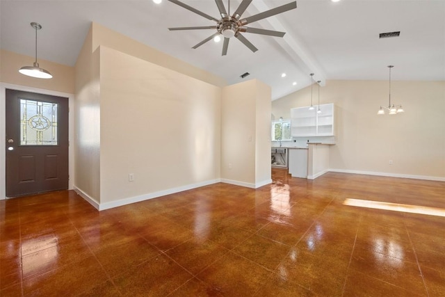 interior space featuring beam ceiling, ceiling fan with notable chandelier, and high vaulted ceiling