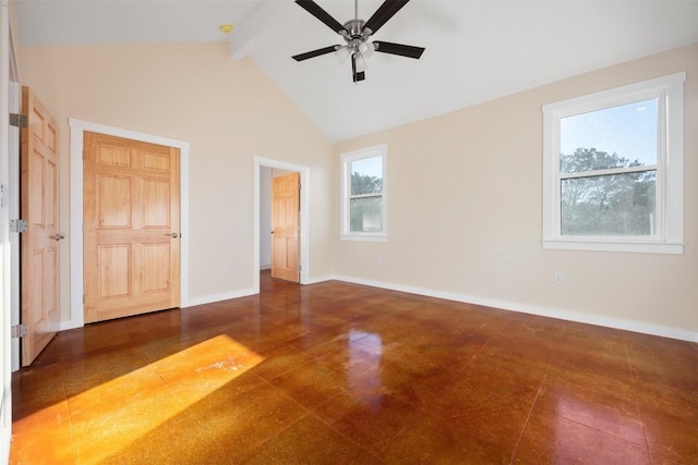 unfurnished bedroom featuring beamed ceiling, ceiling fan, and high vaulted ceiling