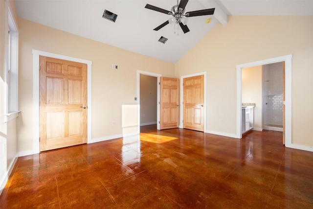 unfurnished bedroom with beamed ceiling, connected bathroom, high vaulted ceiling, and ceiling fan