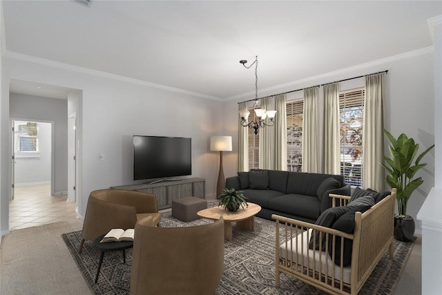 living room with carpet floors, an inviting chandelier, plenty of natural light, and crown molding