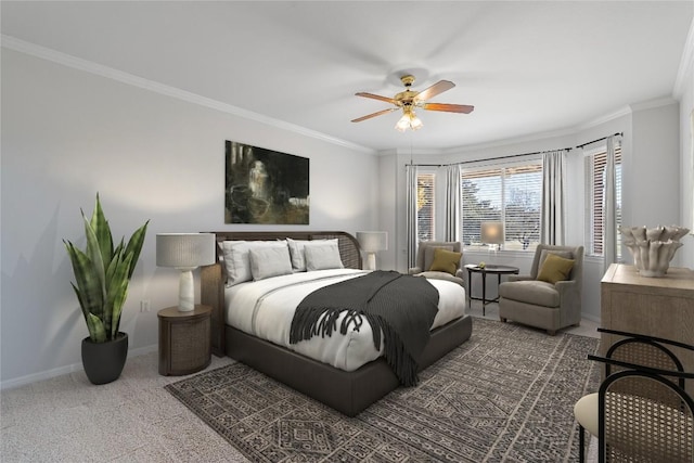 carpeted bedroom with ceiling fan and crown molding