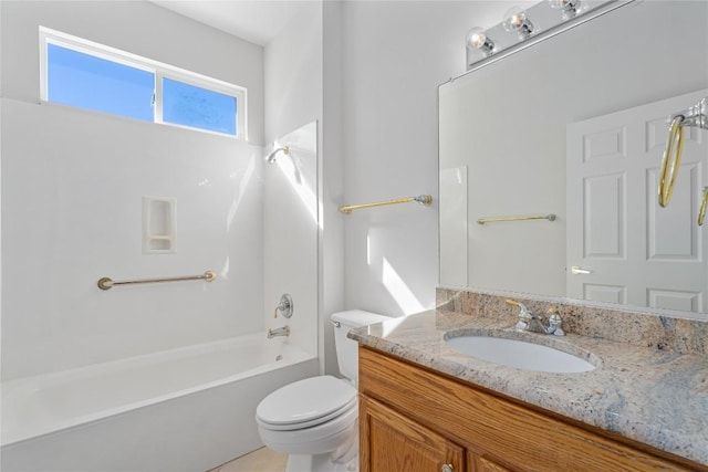 full bathroom with vanity, tub / shower combination, and toilet