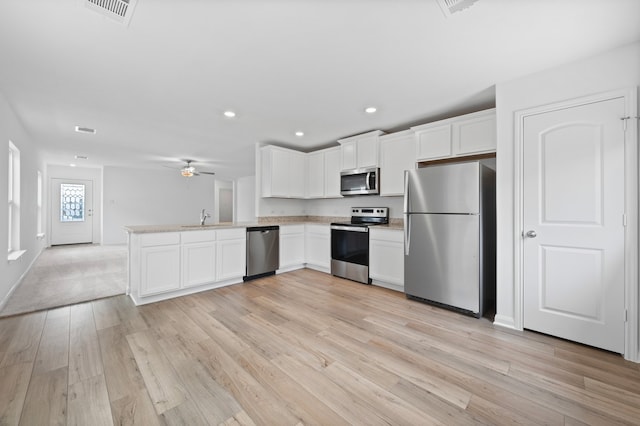 kitchen with white cabinets, kitchen peninsula, sink, and appliances with stainless steel finishes