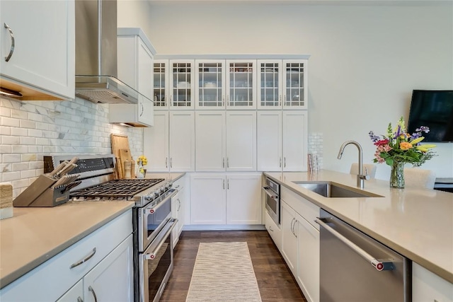 kitchen with white cabinetry, sink, stainless steel appliances, wall chimney range hood, and decorative backsplash