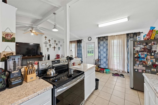 kitchen featuring white cabinets, vaulted ceiling with beams, stainless steel appliances, and hanging light fixtures