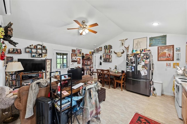 office area with ceiling fan and vaulted ceiling