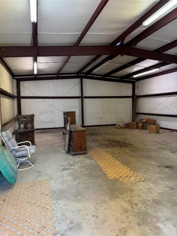 garage with a wood stove