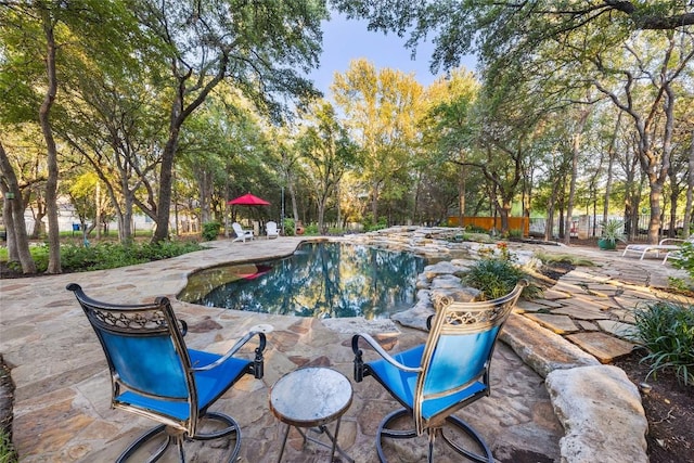 view of swimming pool with a patio