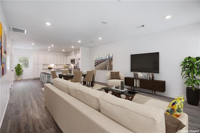 living room featuring wood-type flooring and sink