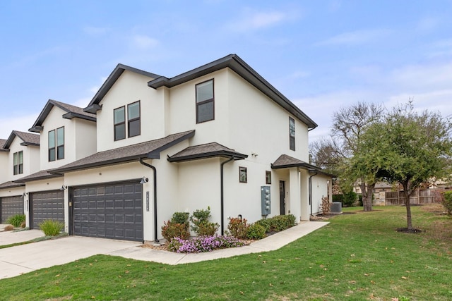 view of front facade featuring central AC unit, a garage, and a front lawn