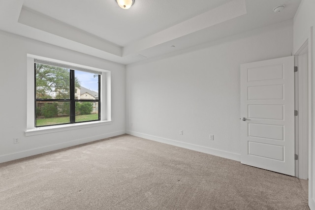 carpeted empty room with a raised ceiling