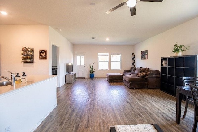 living room with ceiling fan, dark hardwood / wood-style flooring, and sink