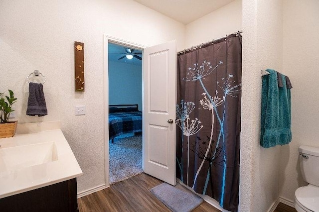 bathroom with a shower with curtain, wood-type flooring, toilet, and vanity