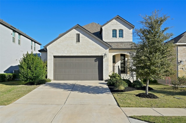 view of front of property with a front lawn and a garage