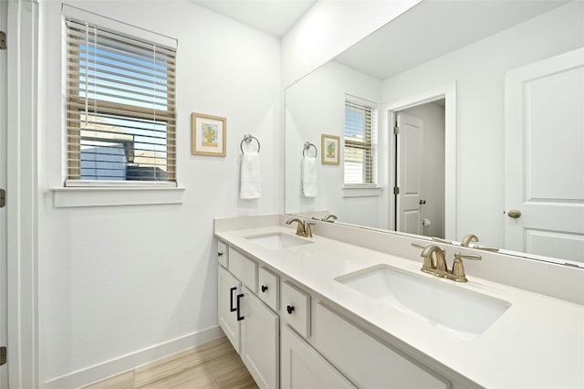 full bathroom featuring double vanity, baseboards, a sink, and wood finished floors