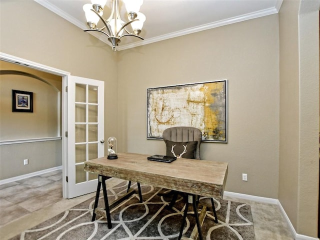 carpeted home office with a notable chandelier, crown molding, and french doors