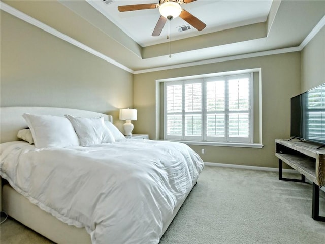 5021 Pyrenees Pass, Austin, TX 78738 - carpeted bedroom with a raised ceiling, baseboards, ornamental molding, and ceiling fan