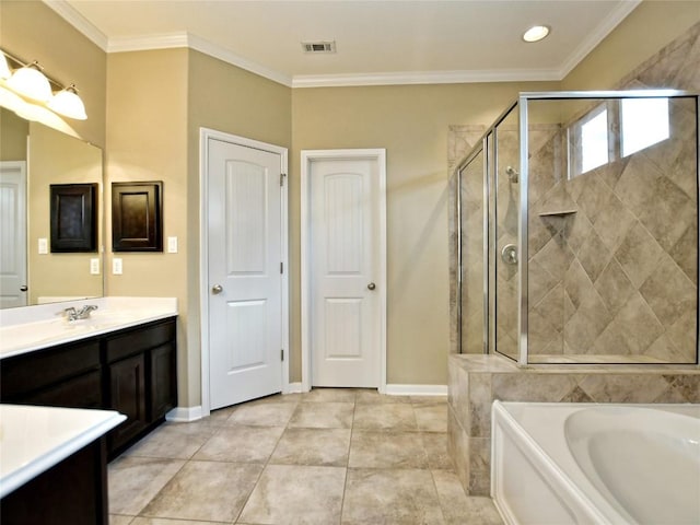 bathroom featuring tile patterned flooring, vanity, plus walk in shower, and crown molding