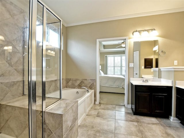 bathroom with ceiling fan, tile patterned floors, vanity, independent shower and bath, and ornamental molding