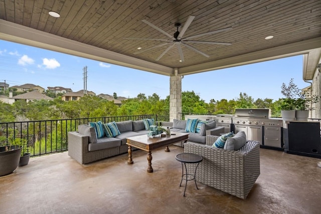 view of patio with an outdoor hangout area, area for grilling, and ceiling fan