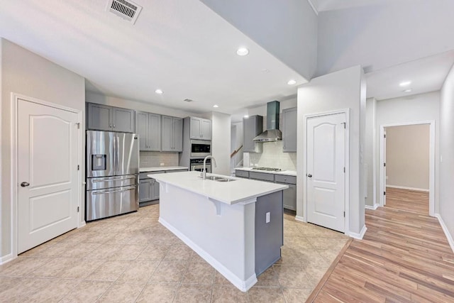 kitchen featuring backsplash, gray cabinetry, wall chimney exhaust hood, stainless steel appliances, and an island with sink