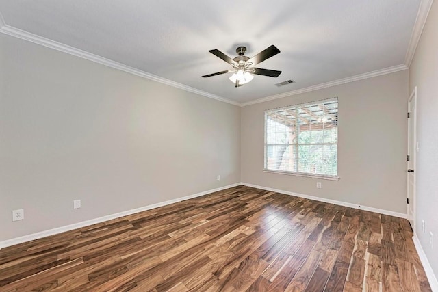 empty room with dark hardwood / wood-style floors, ceiling fan, and crown molding