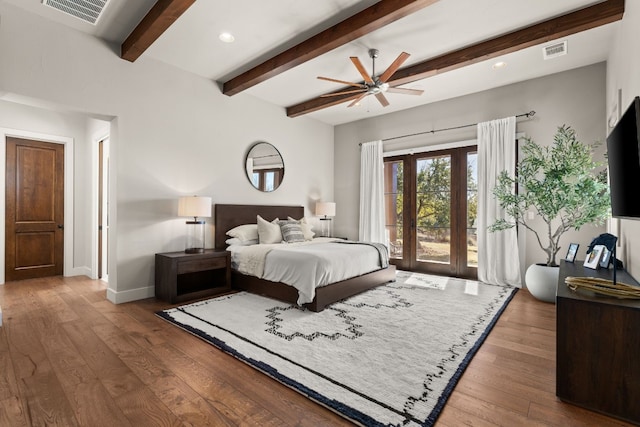 bedroom featuring access to outside, ceiling fan, beam ceiling, and hardwood / wood-style flooring