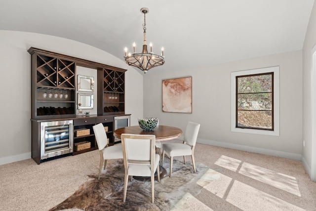 carpeted dining area featuring lofted ceiling, an inviting chandelier, wine cooler, bar, and brick ceiling